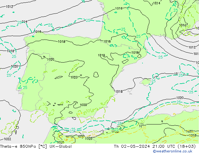 Theta-e 850hPa UK-Global jue 02.05.2024 21 UTC