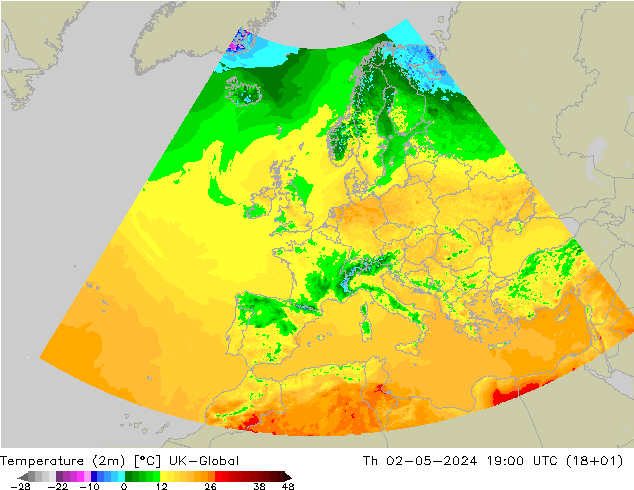 Temperature (2m) UK-Global Th 02.05.2024 19 UTC