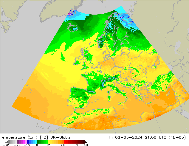 Temperatura (2m) UK-Global gio 02.05.2024 21 UTC