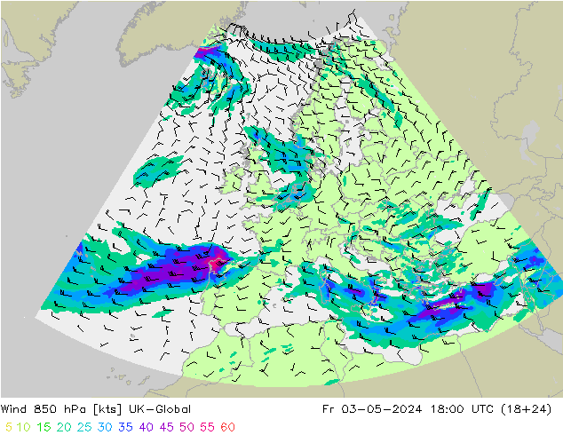 Wind 850 hPa UK-Global Fr 03.05.2024 18 UTC