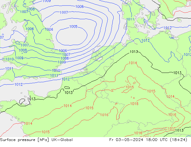 Presión superficial UK-Global vie 03.05.2024 18 UTC