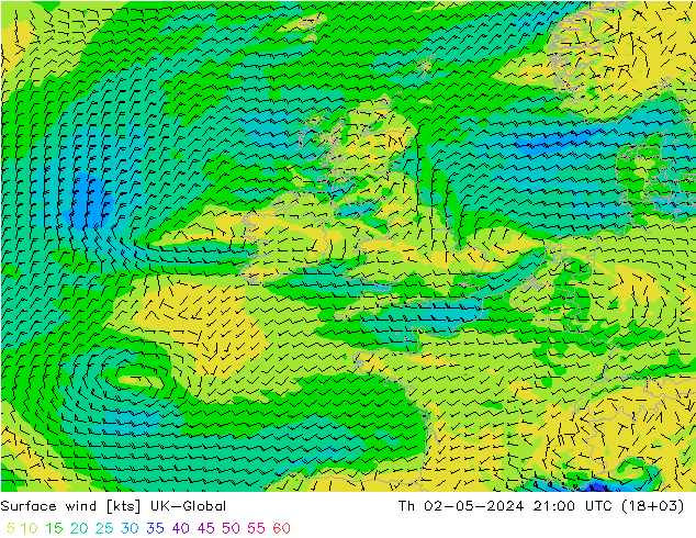 Rüzgar 10 m UK-Global Per 02.05.2024 21 UTC