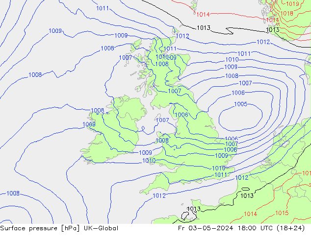 Presión superficial UK-Global vie 03.05.2024 18 UTC