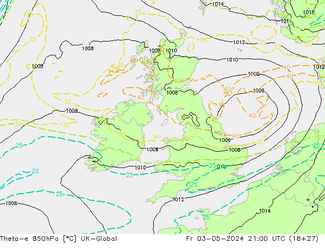 Theta-e 850hPa UK-Global Fr 03.05.2024 21 UTC