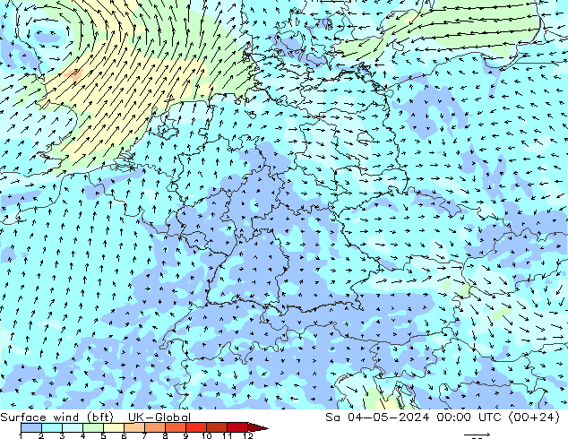 �N 10 米 (bft) UK-Global 星期六 04.05.2024 00 UTC