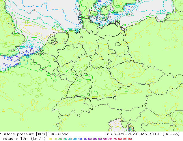 10米等风速线 (kph) UK-Global 星期五 03.05.2024 03 UTC