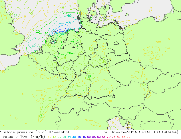 Isotachs (kph) UK-Global Su 05.05.2024 06 UTC