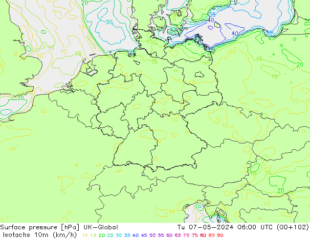 Isotachs (kph) UK-Global Út 07.05.2024 06 UTC