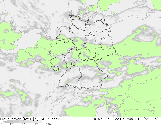 Cloud cover (low) UK-Global Tu 07.05.2024 00 UTC