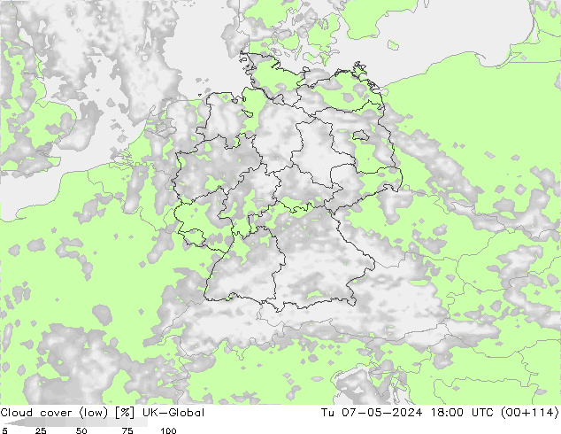 Cloud cover (low) UK-Global Tu 07.05.2024 18 UTC