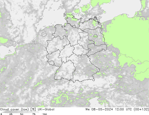 Cloud cover (low) UK-Global We 08.05.2024 12 UTC