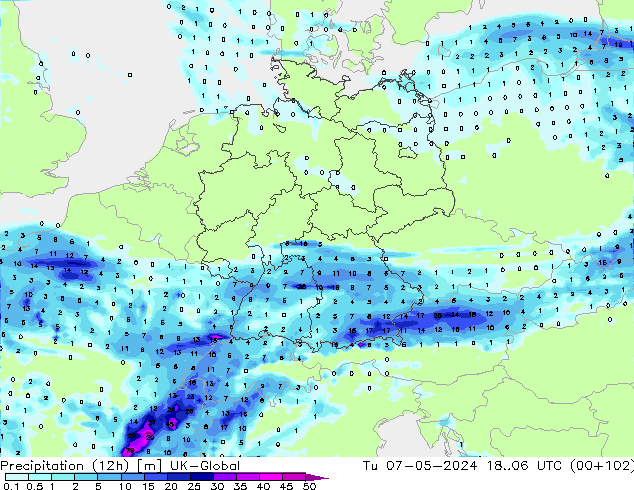 Precipitazione (12h) UK-Global mar 07.05.2024 06 UTC