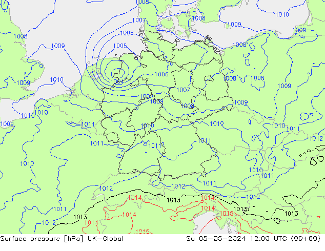 Pressione al suolo UK-Global dom 05.05.2024 12 UTC