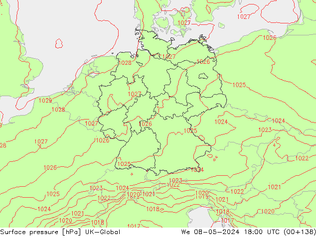 pressão do solo UK-Global Qua 08.05.2024 18 UTC