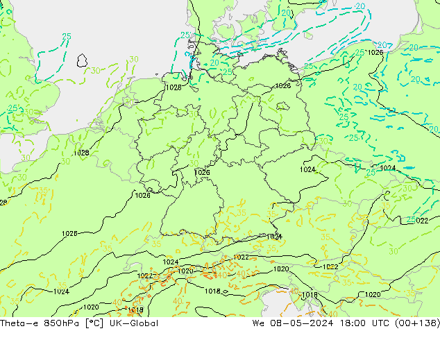 Theta-e 850hPa UK-Global wo 08.05.2024 18 UTC