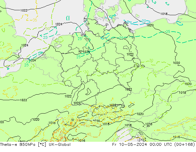 Theta-e 850hPa UK-Global Fr 10.05.2024 00 UTC
