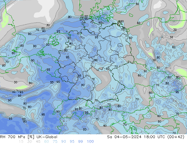 Humidité rel. 700 hPa UK-Global sam 04.05.2024 18 UTC