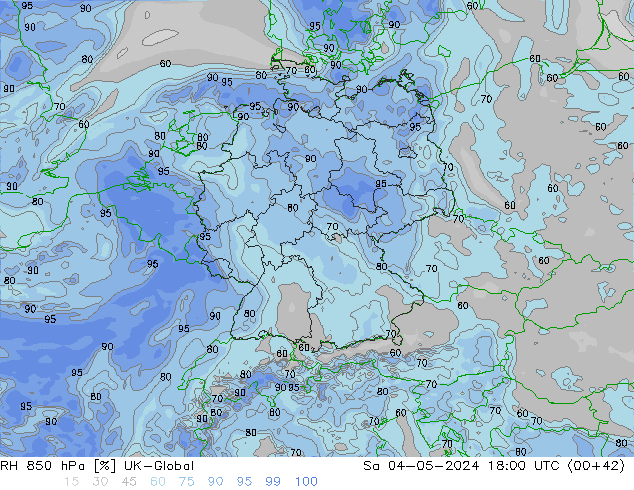 Humidité rel. 850 hPa UK-Global sam 04.05.2024 18 UTC