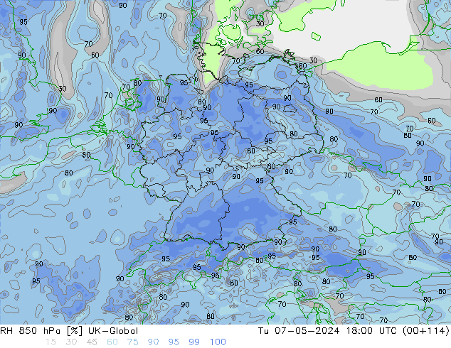 Humedad rel. 850hPa UK-Global mar 07.05.2024 18 UTC