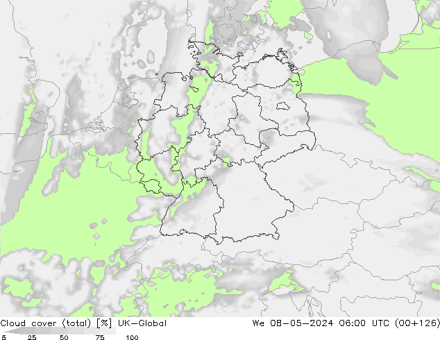 Cloud cover (total) UK-Global We 08.05.2024 06 UTC
