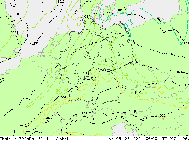 Theta-e 700hPa UK-Global wo 08.05.2024 06 UTC
