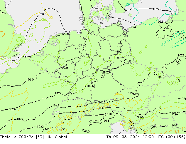 Theta-e 700hPa UK-Global gio 09.05.2024 12 UTC