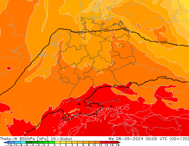 Theta-W 850hPa UK-Global Çar 08.05.2024 00 UTC