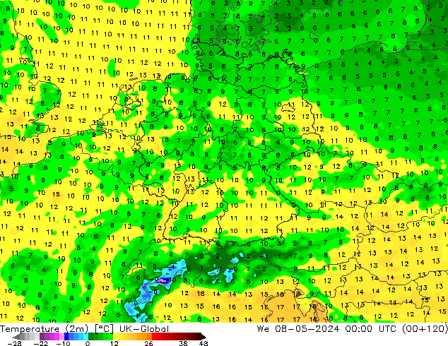 Temperatura (2m) UK-Global mer 08.05.2024 00 UTC