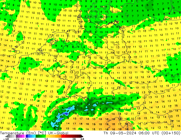 Temperatura (2m) UK-Global gio 09.05.2024 06 UTC