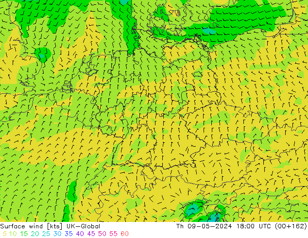 Surface wind UK-Global Čt 09.05.2024 18 UTC