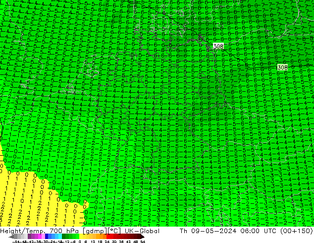 Height/Temp. 700 hPa UK-Global Th 09.05.2024 06 UTC