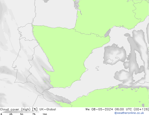 Cloud cover (high) UK-Global We 08.05.2024 06 UTC