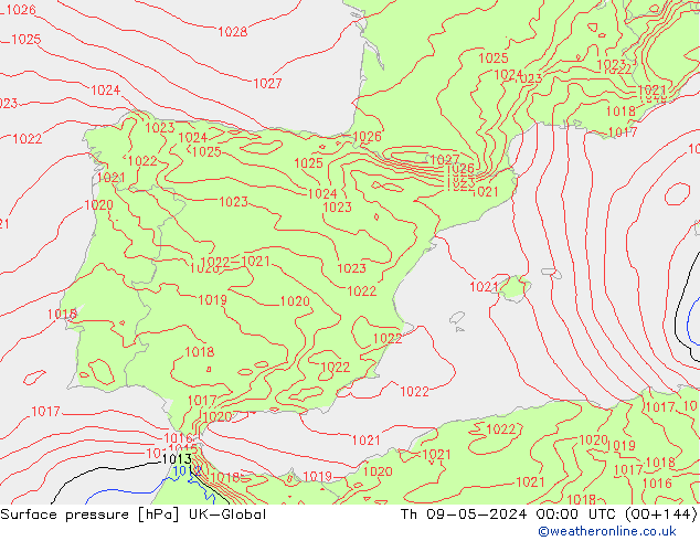 Surface pressure UK-Global Th 09.05.2024 00 UTC