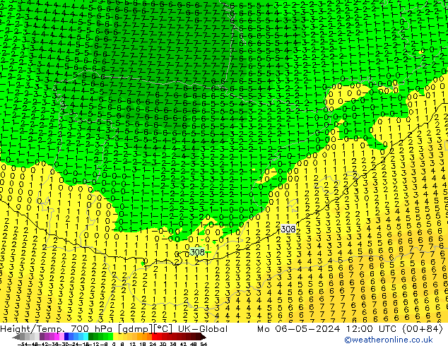 Height/Temp. 700 гПа UK-Global пн 06.05.2024 12 UTC