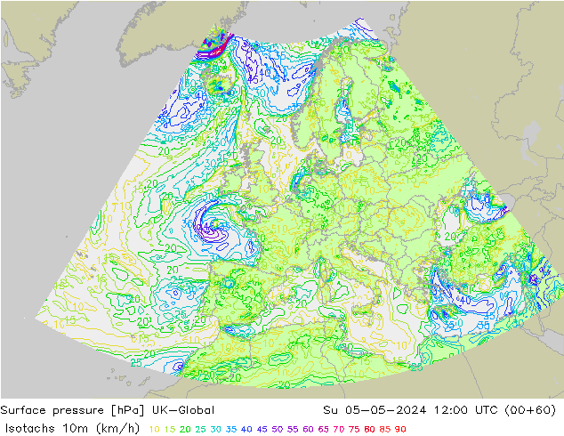 Isotachs (kph) UK-Global dom 05.05.2024 12 UTC