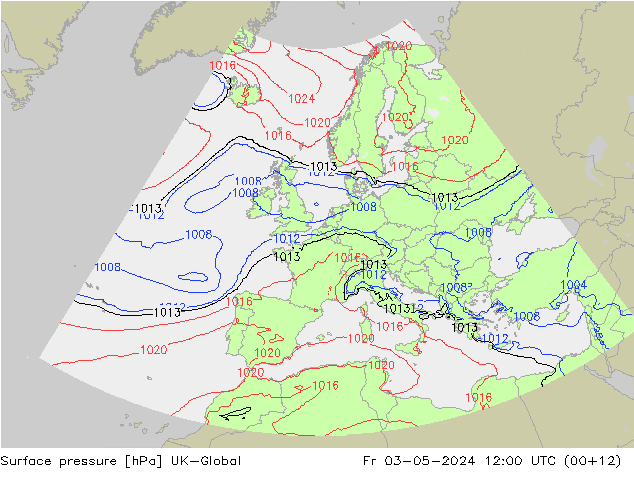 Pressione al suolo UK-Global ven 03.05.2024 12 UTC