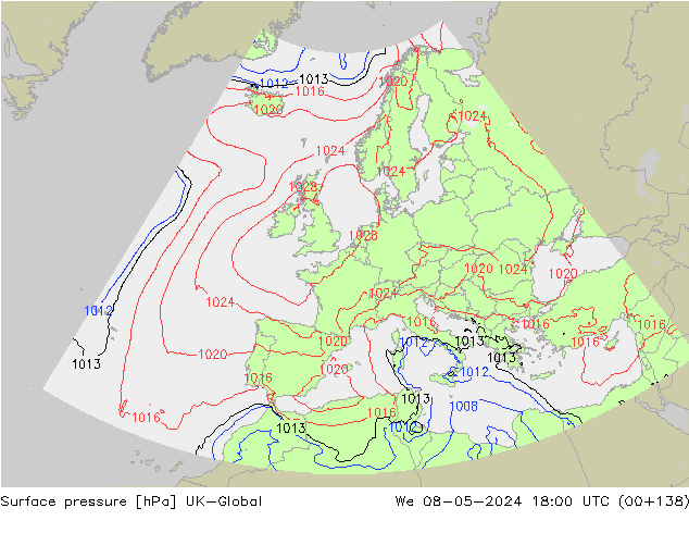 Pressione al suolo UK-Global mer 08.05.2024 18 UTC