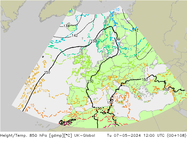 Yükseklik/Sıc. 850 hPa UK-Global Sa 07.05.2024 12 UTC