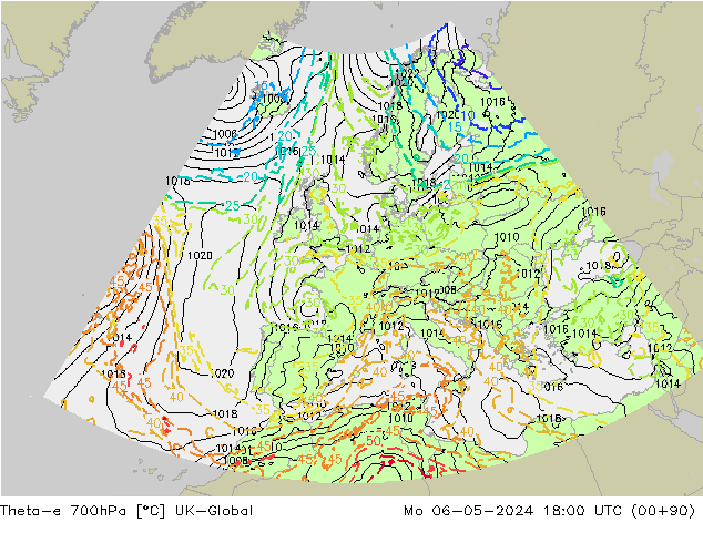 Theta-e 700hPa UK-Global Mo 06.05.2024 18 UTC