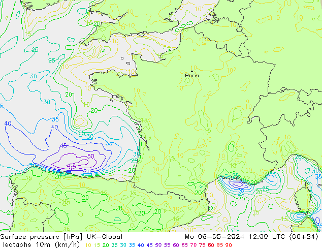 Isotachs (kph) UK-Global Mo 06.05.2024 12 UTC