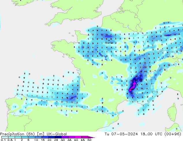 Precipitazione (6h) UK-Global mar 07.05.2024 00 UTC
