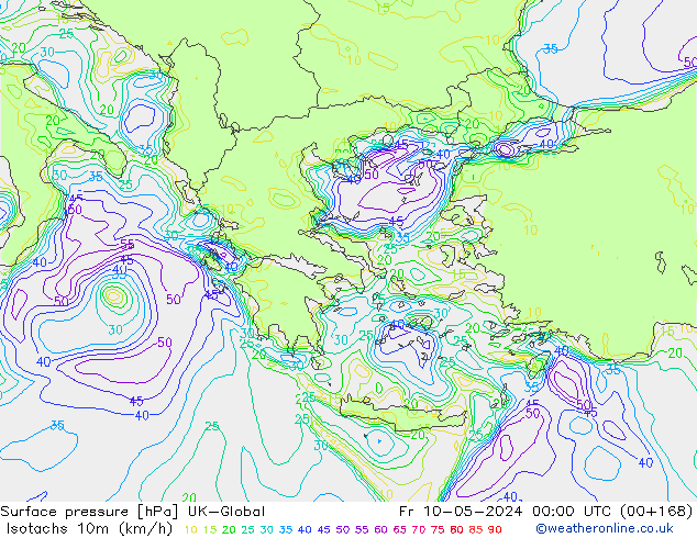 Izotacha (km/godz) UK-Global pt. 10.05.2024 00 UTC