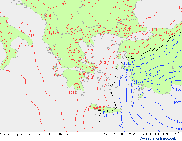 Pressione al suolo UK-Global dom 05.05.2024 12 UTC