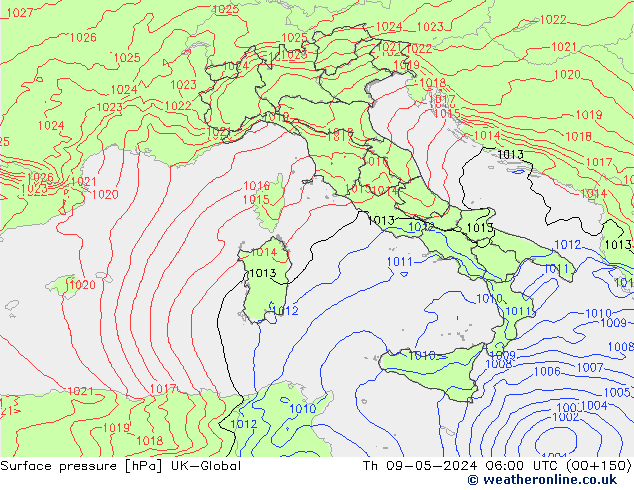 Surface pressure UK-Global Th 09.05.2024 06 UTC