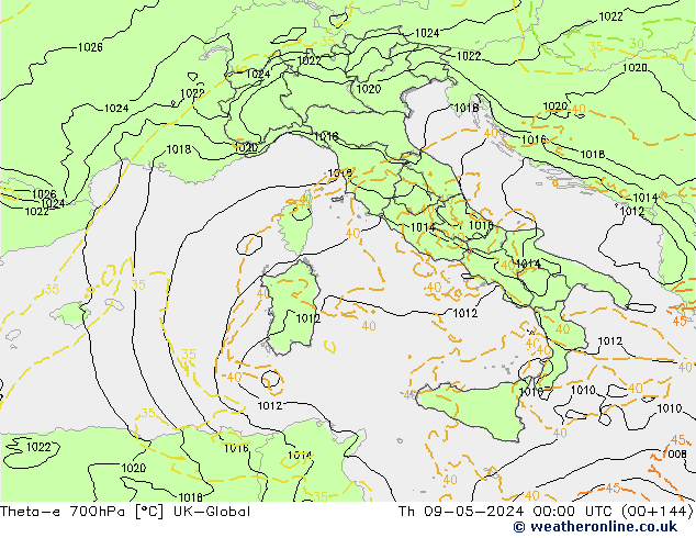 Theta-e 700hPa UK-Global Th 09.05.2024 00 UTC