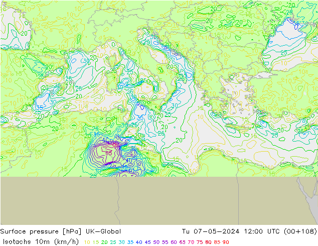 Isotachs (kph) UK-Global Tu 07.05.2024 12 UTC