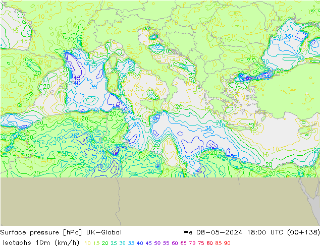 Isotachs (kph) UK-Global We 08.05.2024 18 UTC
