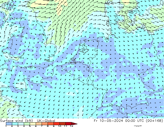 Surface wind (bft) UK-Global Fr 10.05.2024 00 UTC