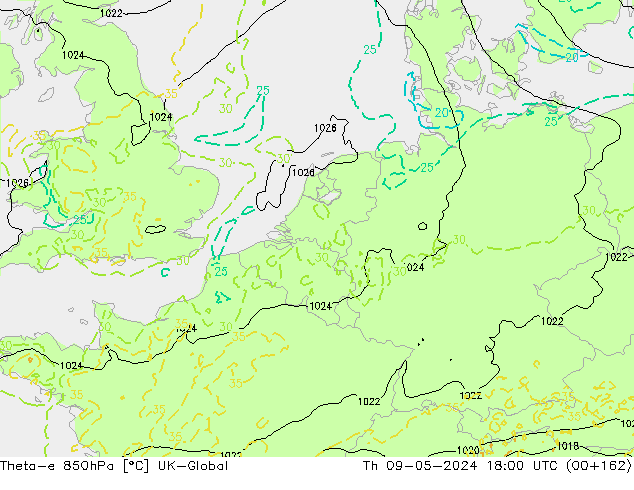 Theta-e 850hPa UK-Global jue 09.05.2024 18 UTC