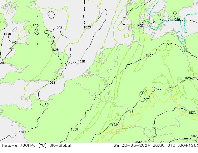 Theta-e 700hPa UK-Global mer 08.05.2024 06 UTC